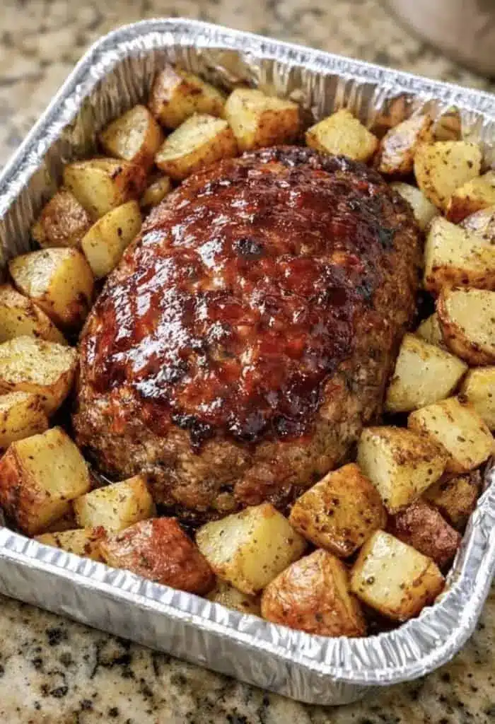 Sliced glazed meatloaf served on a plate with golden roasted potatoes and a garnish of fresh parsley.
