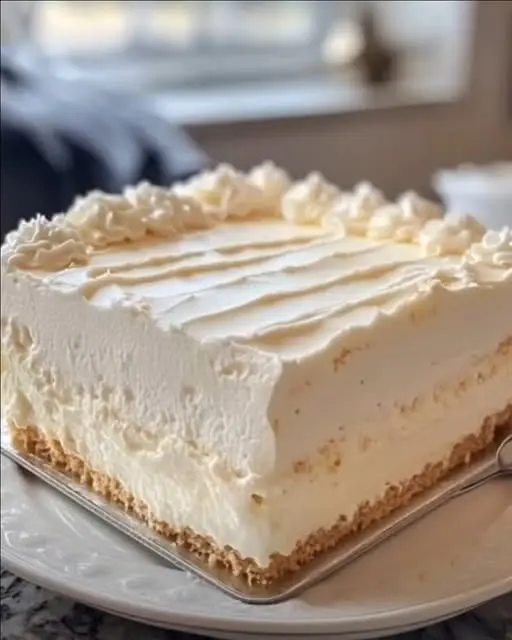 A platter of no-bake cheesecake bars topped with fresh strawberries and a dusting of powdered sugar.