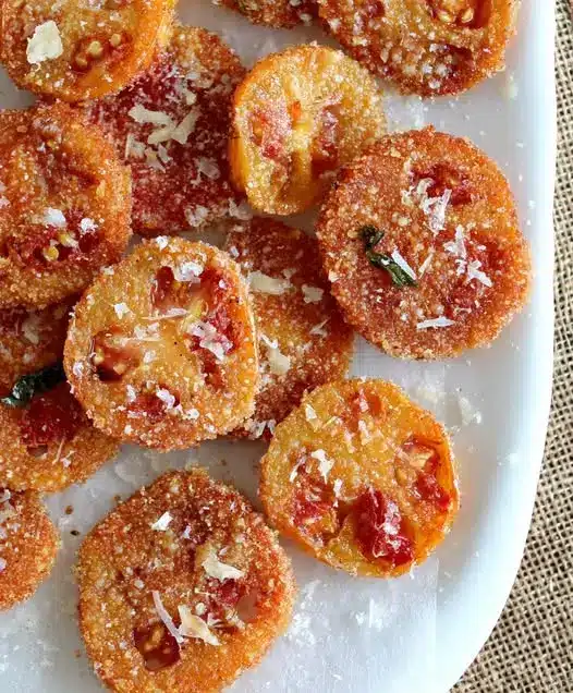 Finished roasted tomatoes with melted parmesan and golden brown edges