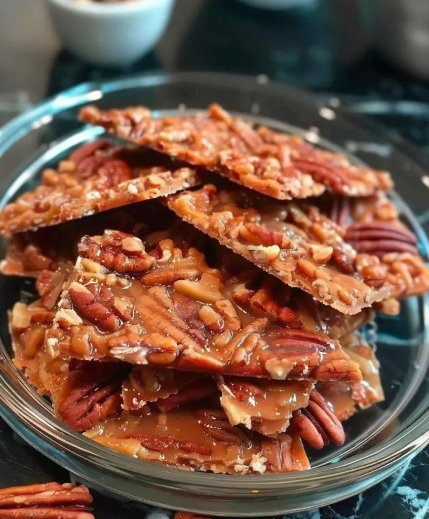 A stack of pecan pie bark on a serving plate