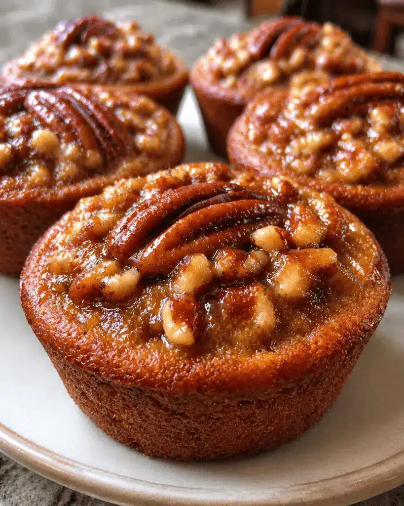 A stack of golden pecan pie muffins displayed on a cooling rack