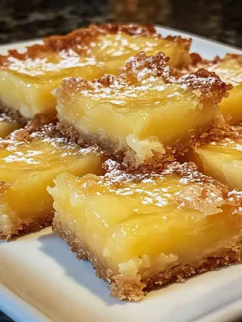 A close-up shot of a sliced pineapple dessert bar showing the thick fruit layer and crumbly top.