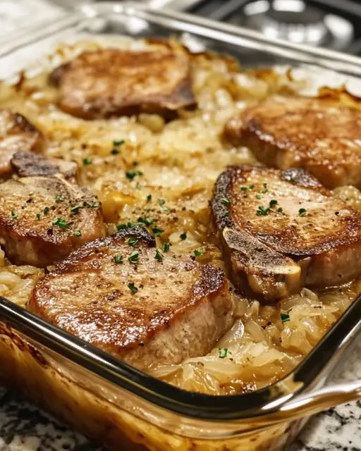 The finished one-pan pork chops and rice garnished with fresh parsley in a large skillet
