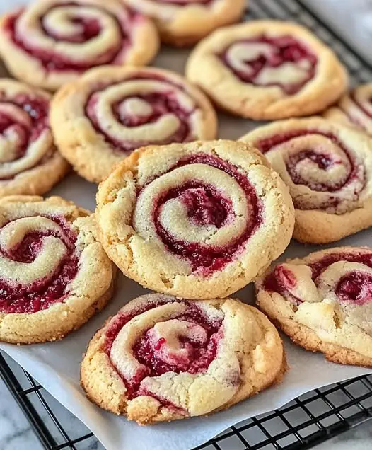 Freshly baked raspberry pinwheel cookies on a cooling rack