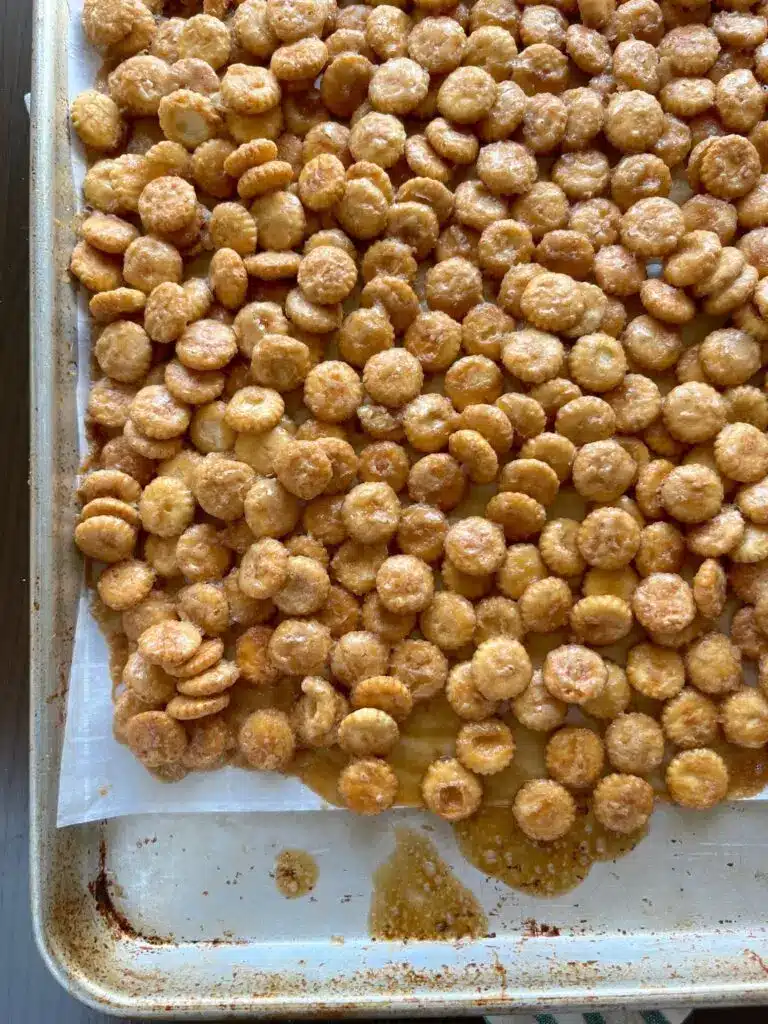 A pile of broken salted caramel cracker bites ready to be served.