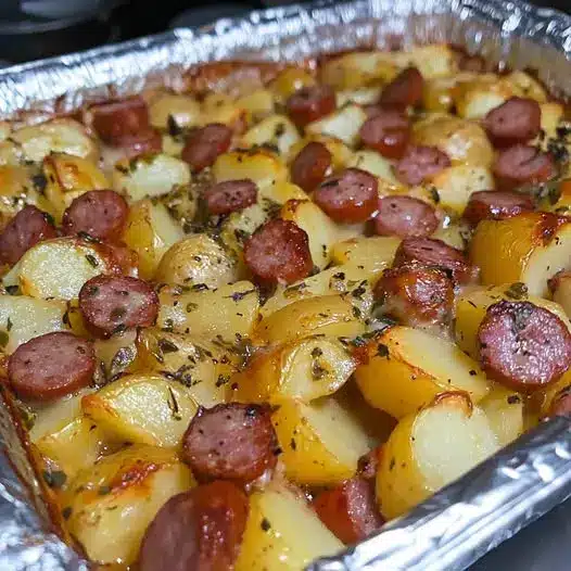 A finished sheet pan of roasted sausage and potatoes with caramelized onions and peppers.