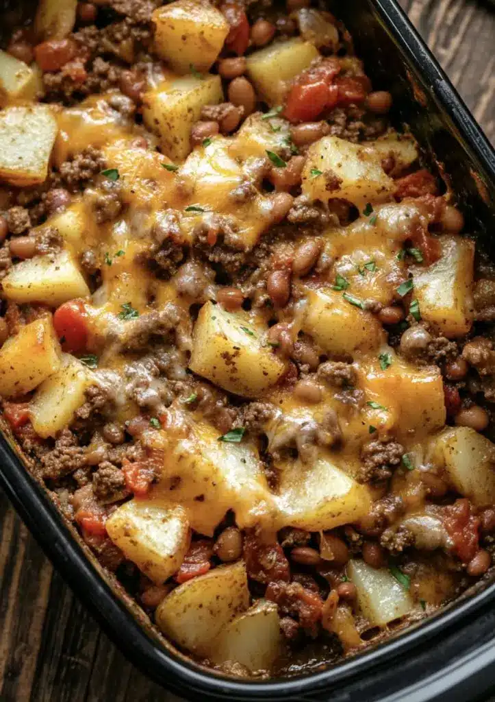 The finished easy slow cooker cowboy casserole served in a bowl with garnishes.