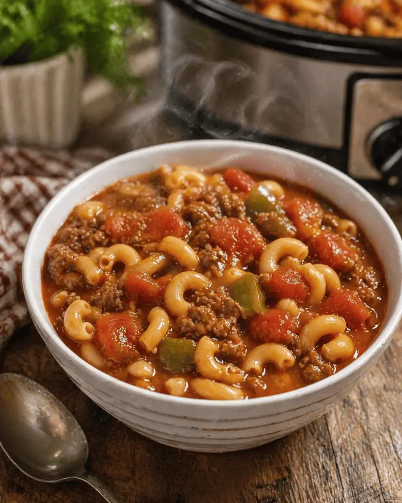 A large pot of beef and macaroni goulash being stirred with a wooden spoon.