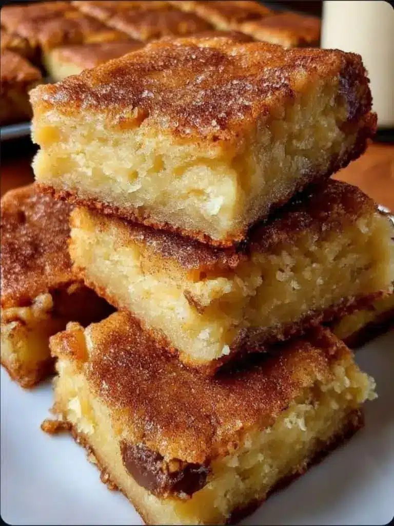 Sliced snickerdoodle cookie bars stacked on a plate showing the soft interior