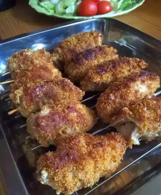 Close up of a potato croquette broken open to show the melted cheese center