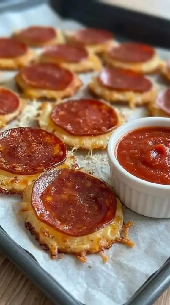 Golden brown pizza chips served in a bowl with a side of dipping sauce