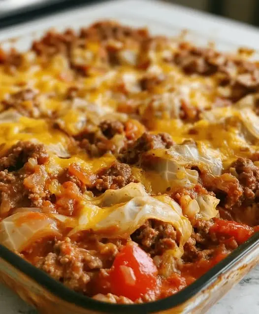 Finished easy unstuffed cabbage roll casserole served in a bowl with a dollop of sour cream