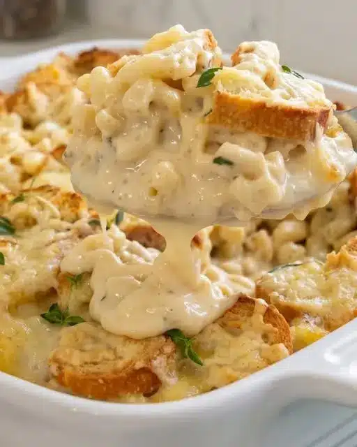Scooping a serving of french onion mac and cheese showing the stretchy cheese sauce and caramelized onions