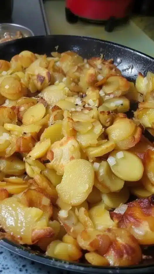 A finished plate of fried potatoes and bacon served next to eggs.