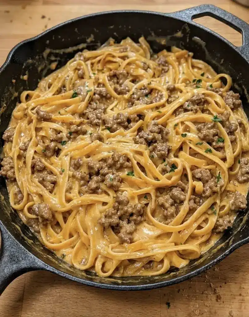 A bowl of garlic butter beef pasta topped with extra parmesan and red pepper flakes