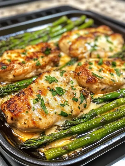 The finished garlic butter chicken and asparagus garnished with lemon slices