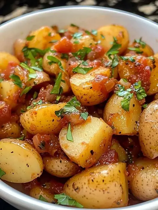 Golden brown roasted potatoes garnished with fresh parsley in a white serving bowl