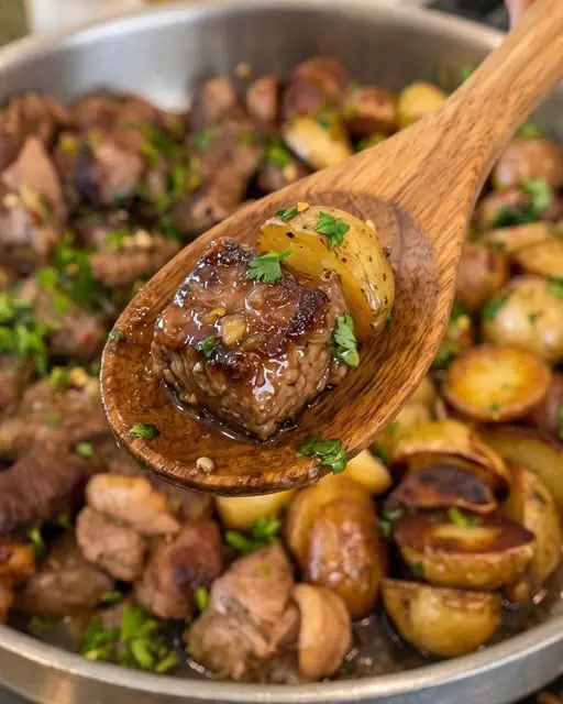 Steak bites and potatoes served in a skillet with a side of green beans and a garnish of parsley.
