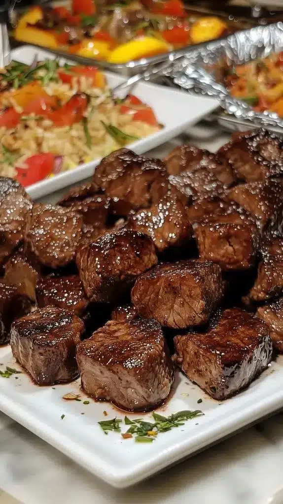 Finished garlic butter steak bites served in a skillet garnished with fresh parsley.