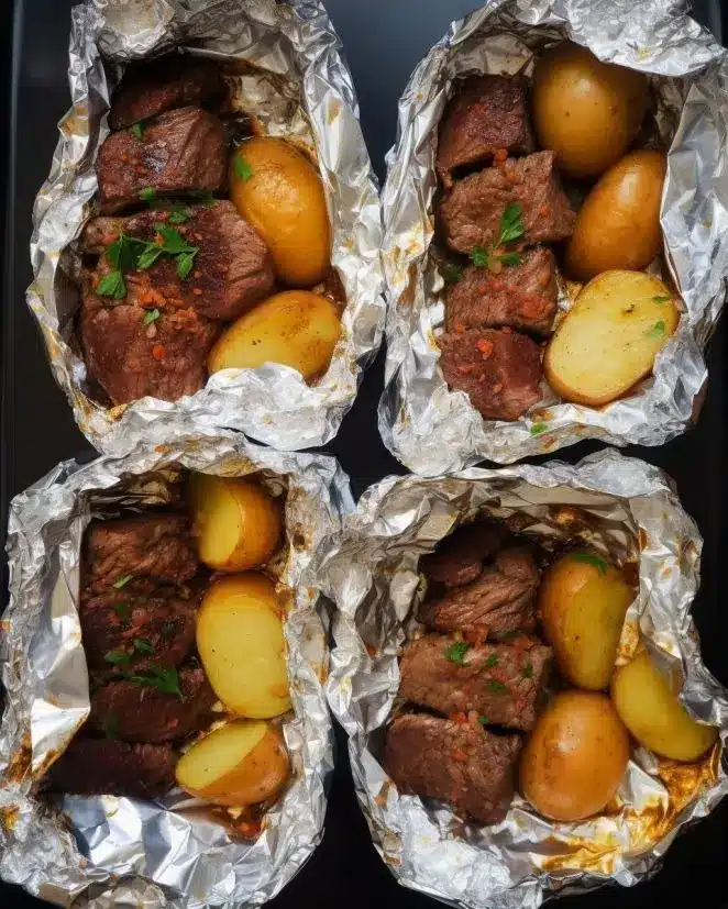 Opened foil packet showing juicy steak bites and golden potatoes with melted garlic butter