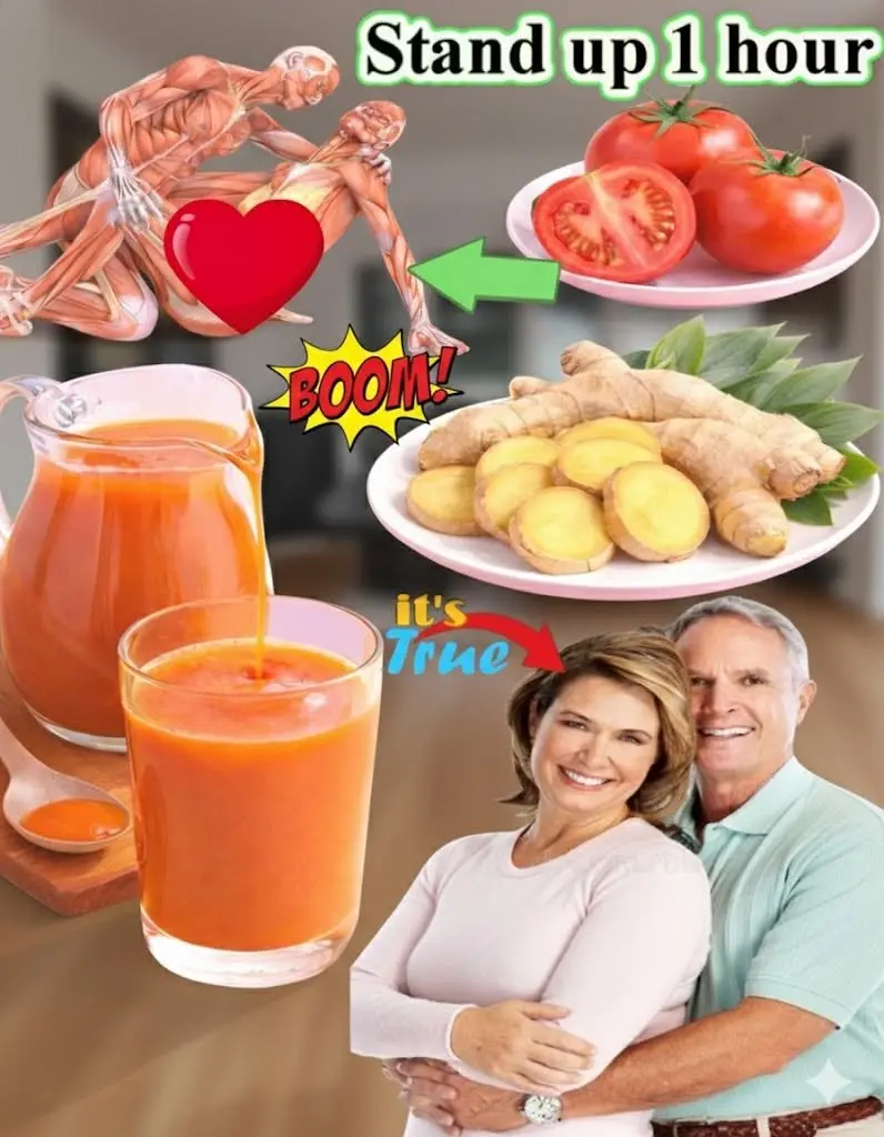 Freshly blended ginger tomato energy drink in a glass pitcher surrounded by fresh ginger root and vine-ripened tomatoes.