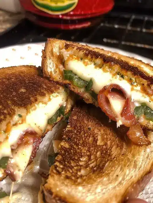 A side view of a thick grilled ham and cheese sandwich with cheese oozing out the sides.