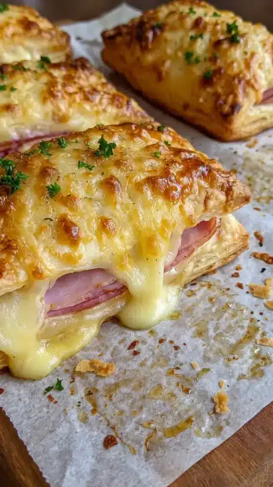 Slices of hot ham and cheese bread showing the melted cheese layers