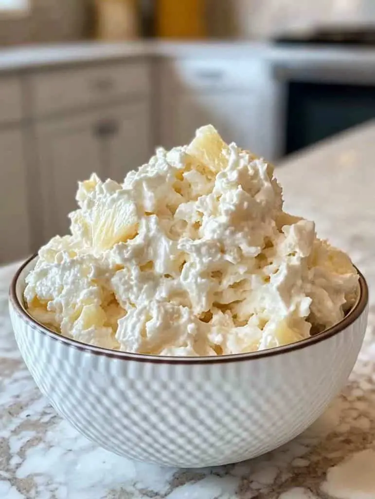 Finished Hawaiian pineapple coconut fluff served in a glass bowl with a cherry on top