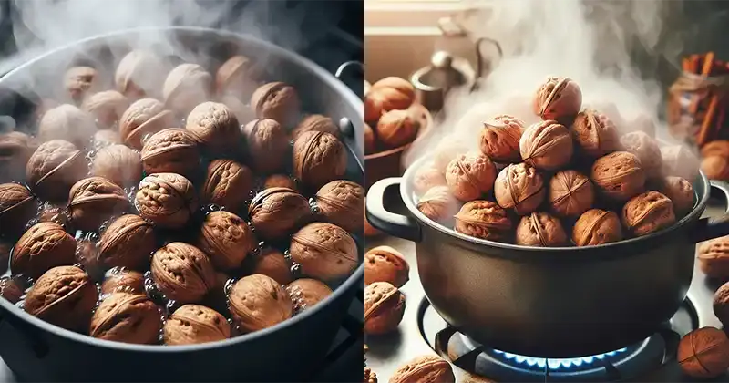 Boiled walnuts being added to a fresh garden salad for a boost of heart-healthy fats.