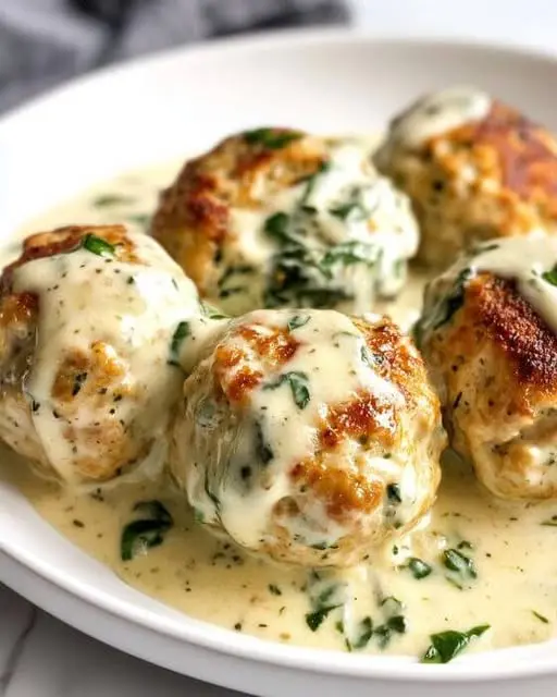 Baked chicken meatballs served on a plate with fresh herbs and a side dip