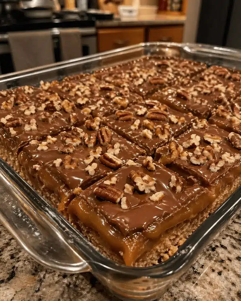 A stack of sliced caramel chocolate crunch bars on a white plate