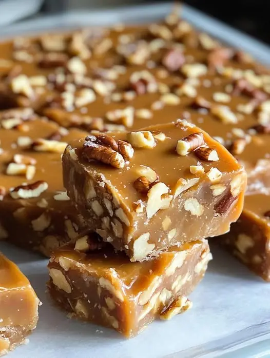 Close up of sliced caramel pecan fudge showing the caramel swirl and nuts
