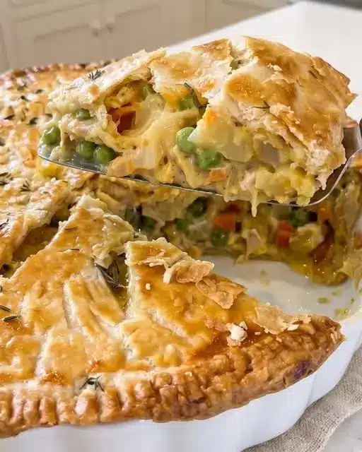 A slice of chicken pot pie on a white plate, showing the thick creamy filling and vegetables.