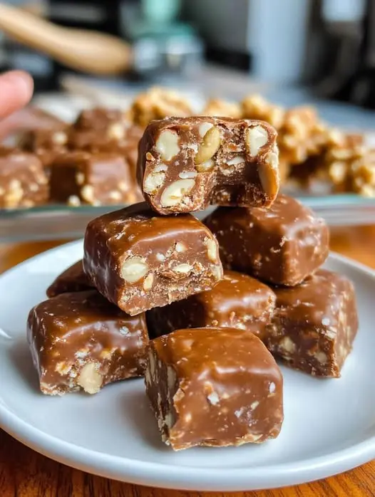 Finished homemade chocolate peanut nougat bars sliced and ready to serve