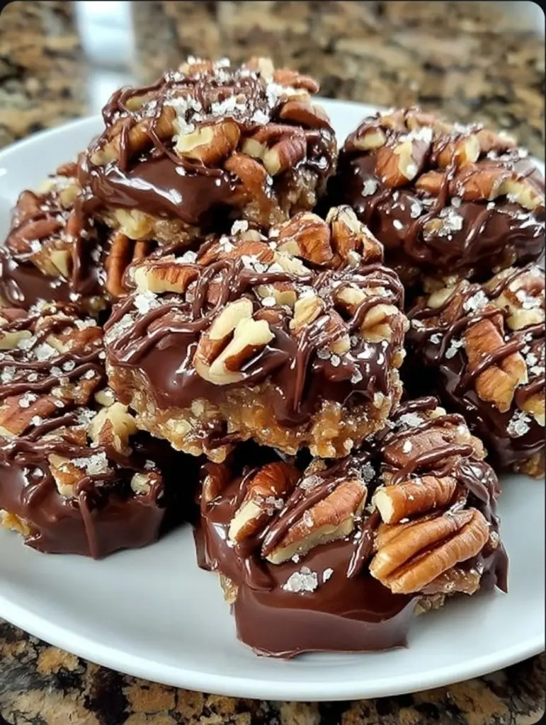 A platter of finished pecan turtle candy, showing the glossy chocolate coating and toasted pecans.