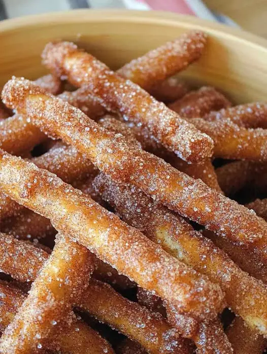 A pile of golden churros served with a small bowl of chocolate dipping sauce