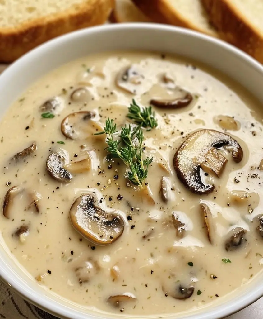 A close-up of a spoon dipping into a bowl of creamy mushroom soup.