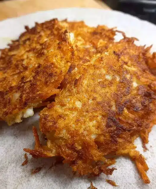 Two crispy hash brown patties served on a white plate with a side of ketchup