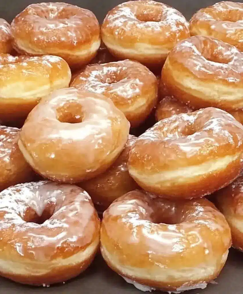 A stack of perfectly glazed homemade donuts on a wire cooling rack