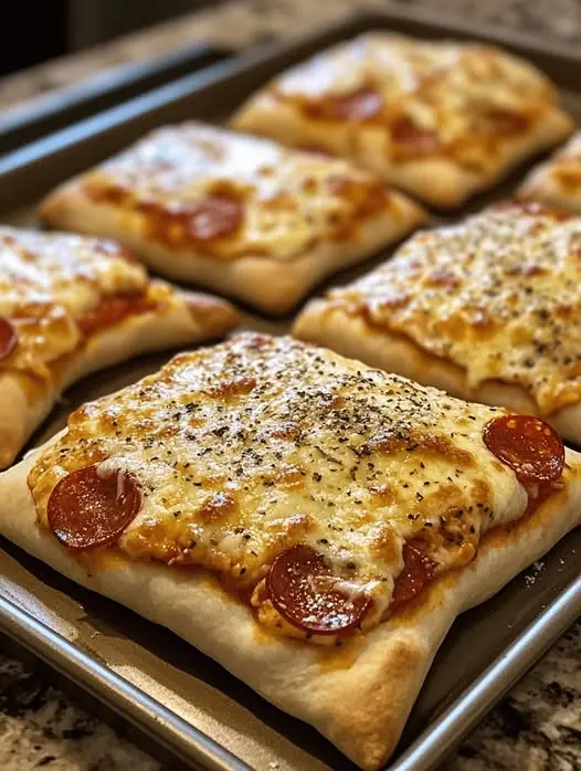 A tray of freshly baked pizza pockets garnished with fresh parsley