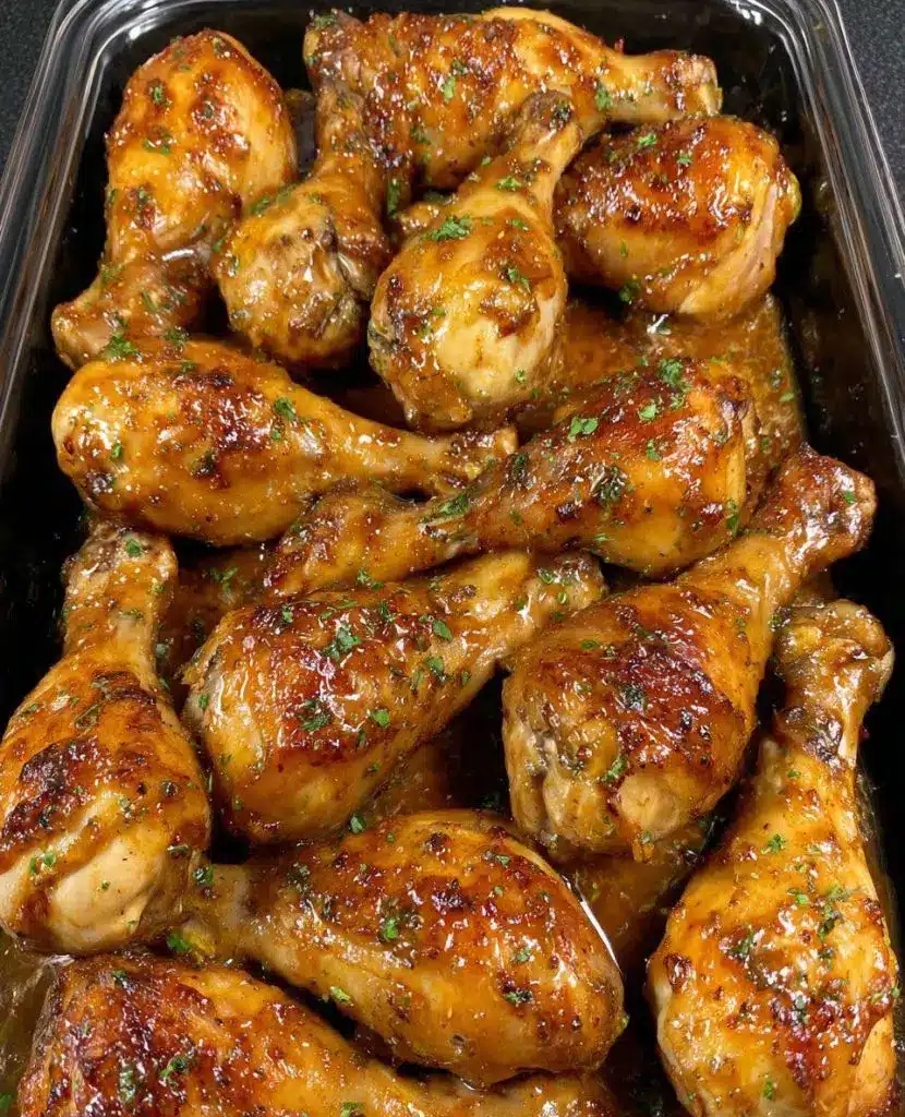 Plated honey garlic chicken drumsticks garnished with green onions and served with a side of rice