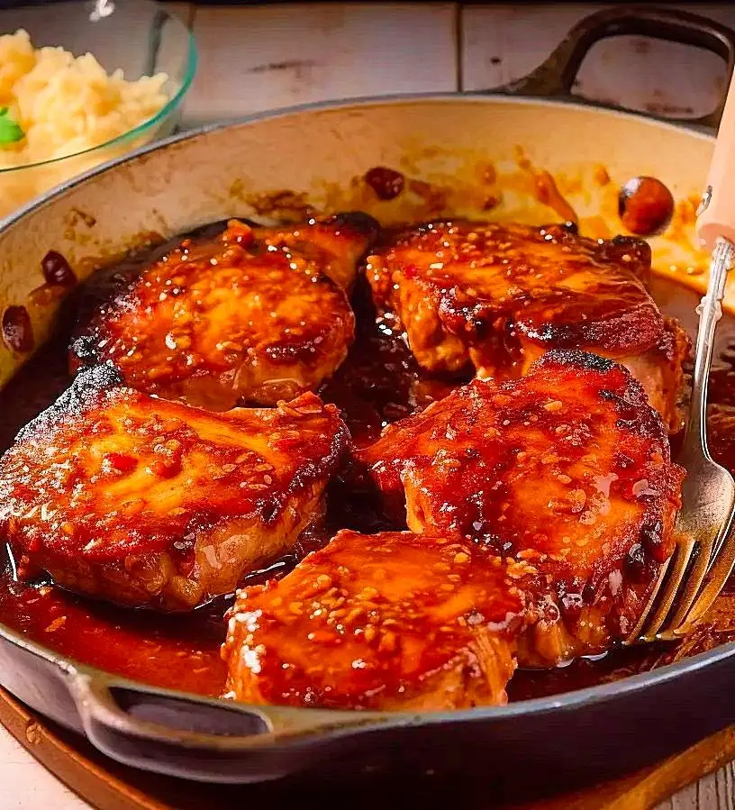 Finished honey garlic pork chops served on a plate with steamed broccoli and a side of white rice.