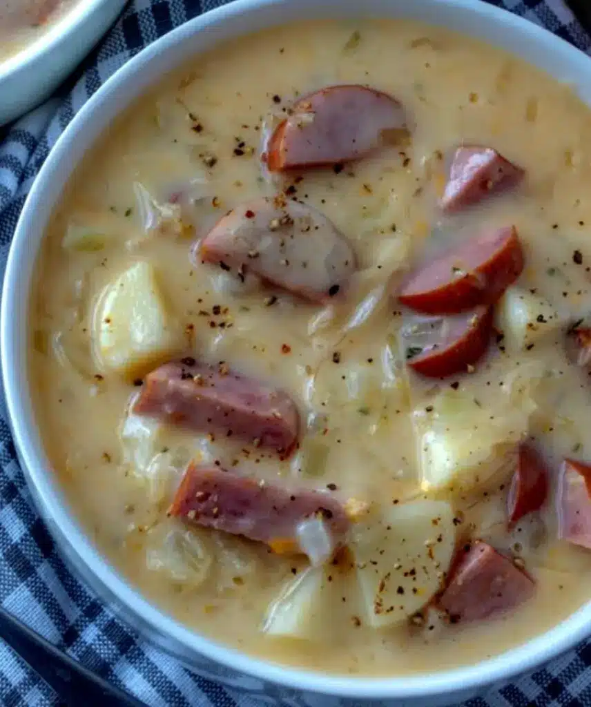 A ladle lifting a scoop of kielbasa and potato soup from a large pot