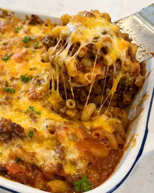 A serving of baked beefaroni on a plate showing the meat sauce and melted cheese