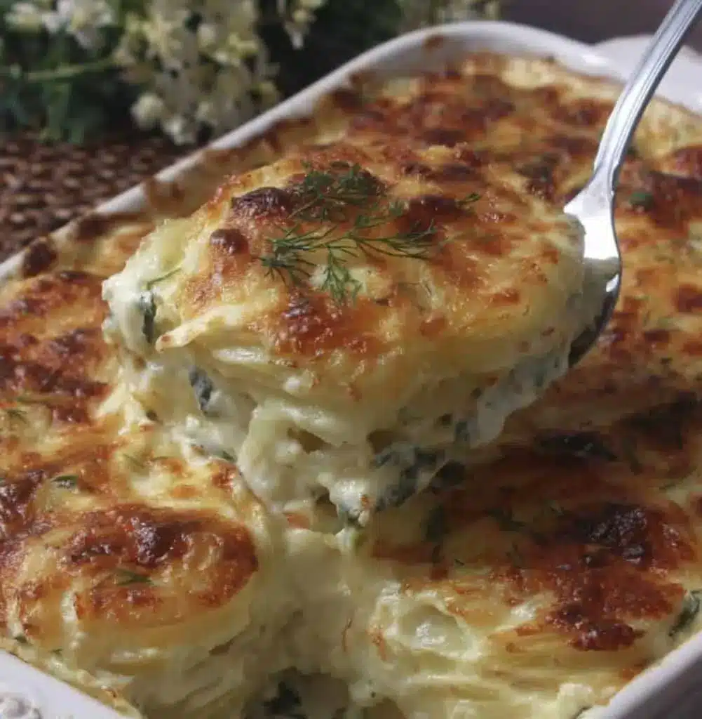 A close up shot of a golden brown magic chicken pot pie slice being served.