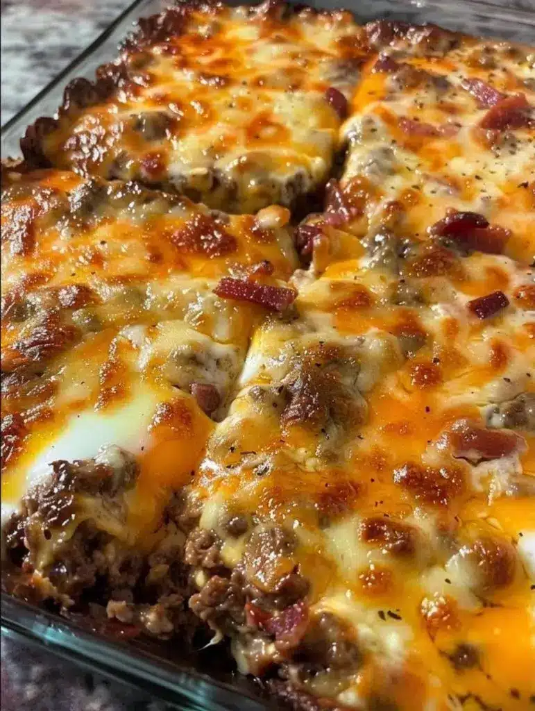 a sliced piece of sausage breakfast casserole showing layers of bread, egg, and meat