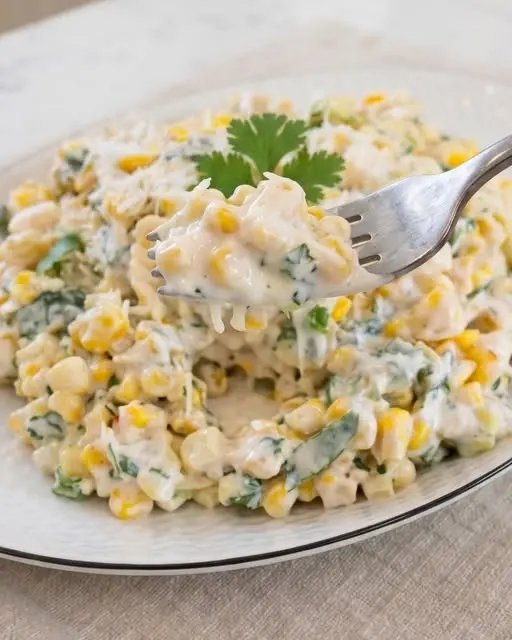 Mexican street corn dip served in a bowl with a side of crunchy tortilla chips