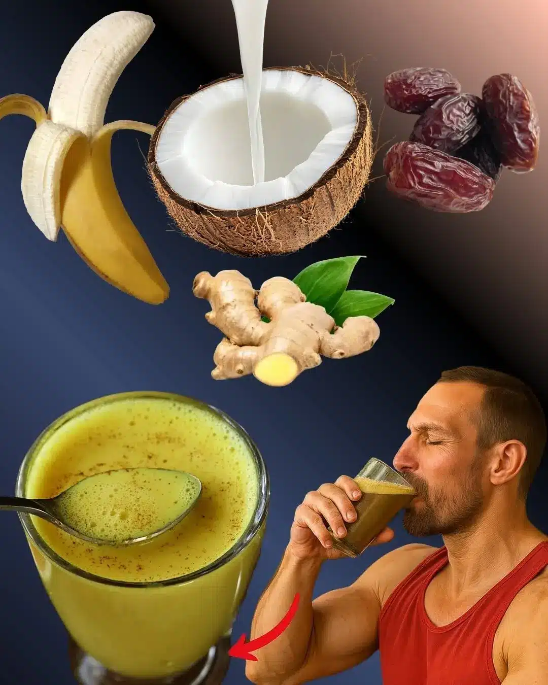 An active man drinking a green natural energy beverage after a morning run