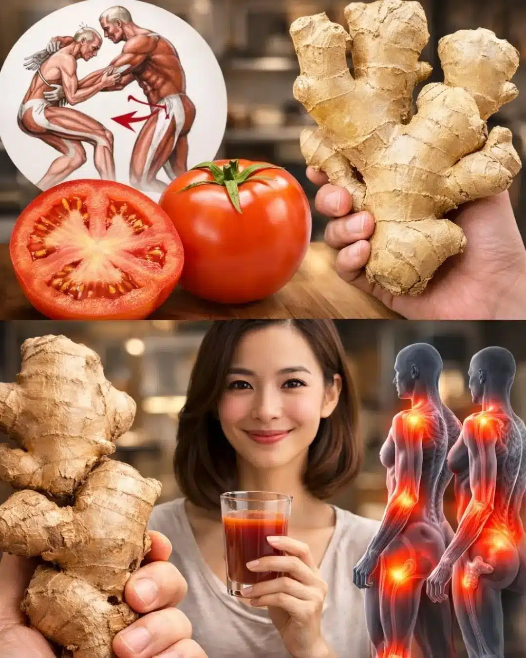 Fresh tomatoes and ginger root on a wooden cutting board