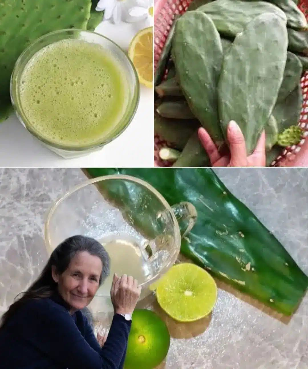 A glass of blended nopal and lemon juice with fresh ingredients on the side